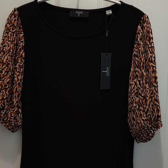 TAHARI KNITTED TOP ANIMAL PRINT SHEER PUFF SLEEVES SOLID BLACK BODY SIZE XS - Picture 6 of 8